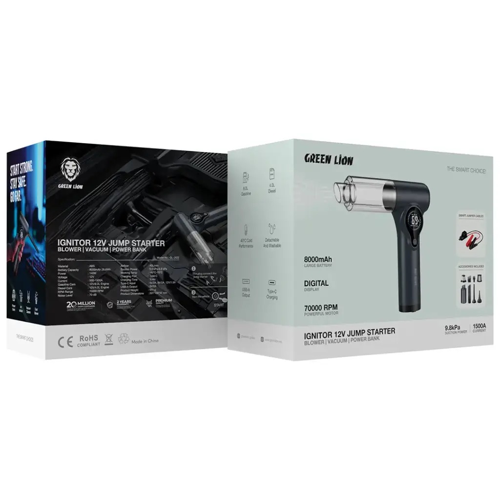 جامپ استارتر 12 ولت ایگنیتور|دمنده|جاروبرقی|پاوربانک گرین Green Lion Ignitor 12V Jump Starter|Blower|Vacuum|PowerBank