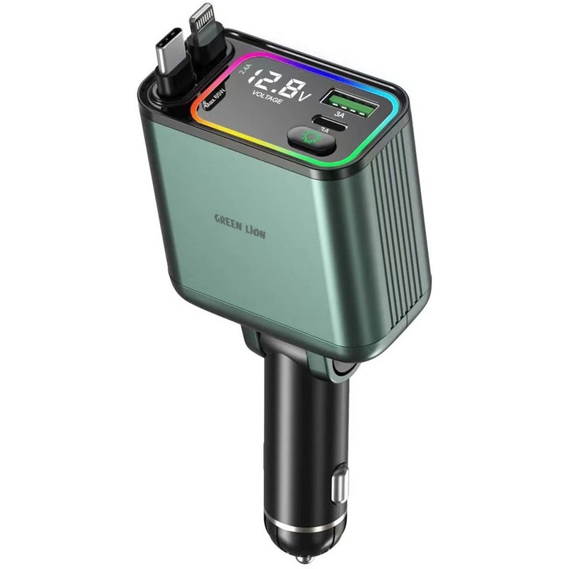 شارژر فندکی گرین لاین Retractable 65W با چهار درگاه USB-A، USB-C و لایتنینگ، کابل داخلی Type-C و Lightning، سیستم حفاظتی شارژ ایمن و نور محیطی چند رنگ